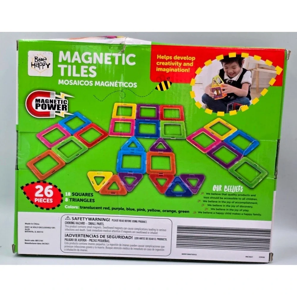Bee Happy Magnetic Tiles 26 Piece Set Translucent Building Shapes Ages 3+‎ NEW